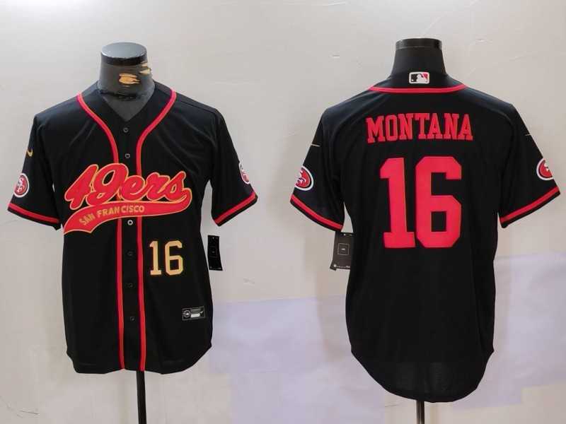 Mens San Francisco 49ers #16 Joe Montana Black With Patch Cool Base Stitched Baseball Jersey